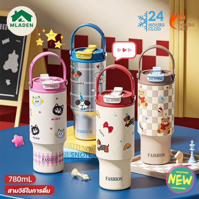 MLADEN ถ้วยฉนวนสแตนเลส 780ML สแตนเลส 316 การ์ตูนสัตว์พิมพ์ สามวิธีในการดื่ม ถ้วยเก็บความร้อนการ์ตูน