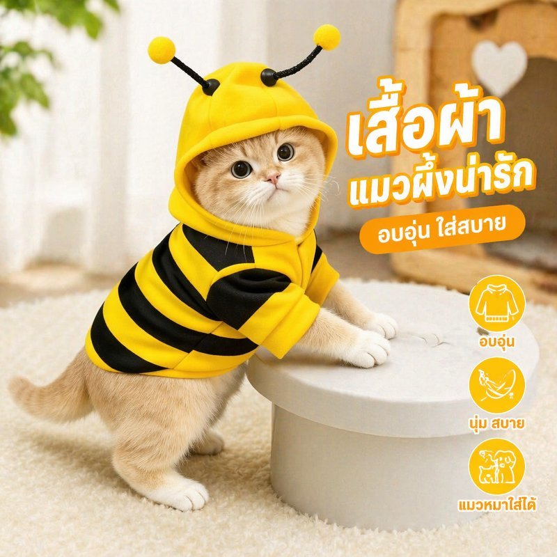 เสื้อแมว เสื้อสุนัข เสื้อกันหนาวสัตว์เลี้ยง ฮู้ดผึ้งน่ารัก ผ้าขนสัตว์นุ่ม อบอุ่น ใส่สบาย
