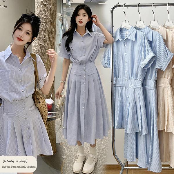 mimi&didi[สินค้าพร้อมส่ง]เดรสแขนสั้นคอโปโลลายทางสำหรับผู้หญิงไซส์ใหญ่ มีชุดเดรสทั้งแบบสั้นและแบบยาวให้เลือกค่ะ#99447/448
