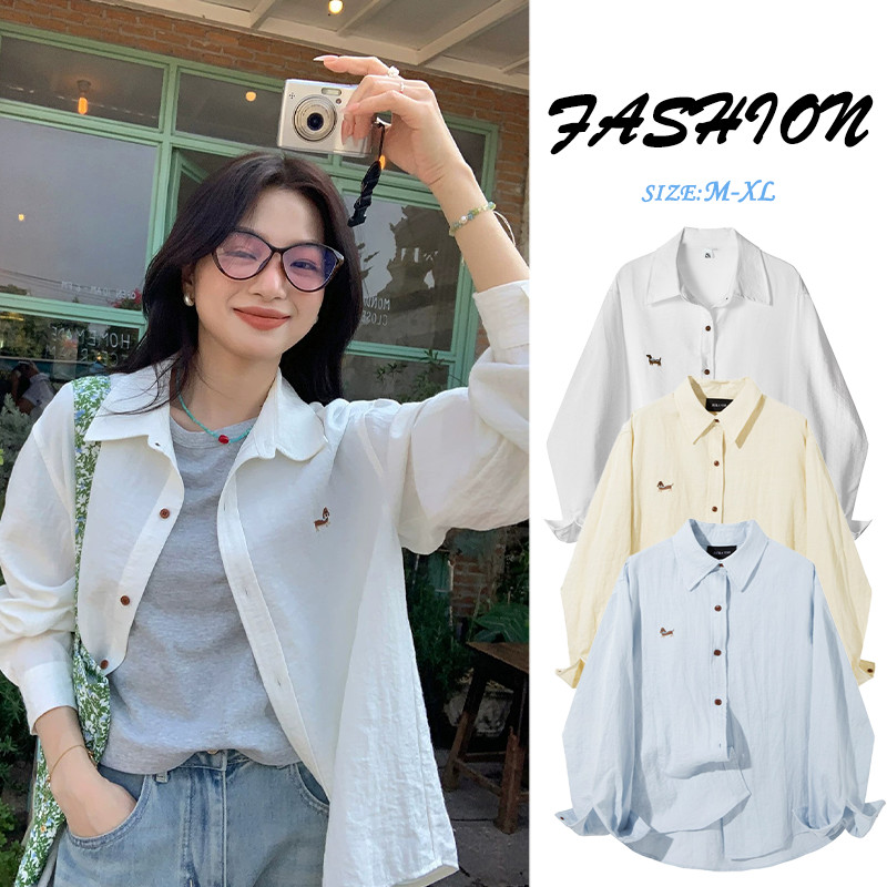w727 พร้อมส่งไทย เสื้อเชิ้ตแขนยาวผ้าบางปักลายหมา สำหรับสตรี แบบเปิดหน้า ทำหน้าที่เสื้อกันแดดและเสื้อคลุม ฤดูร้อนใหม่