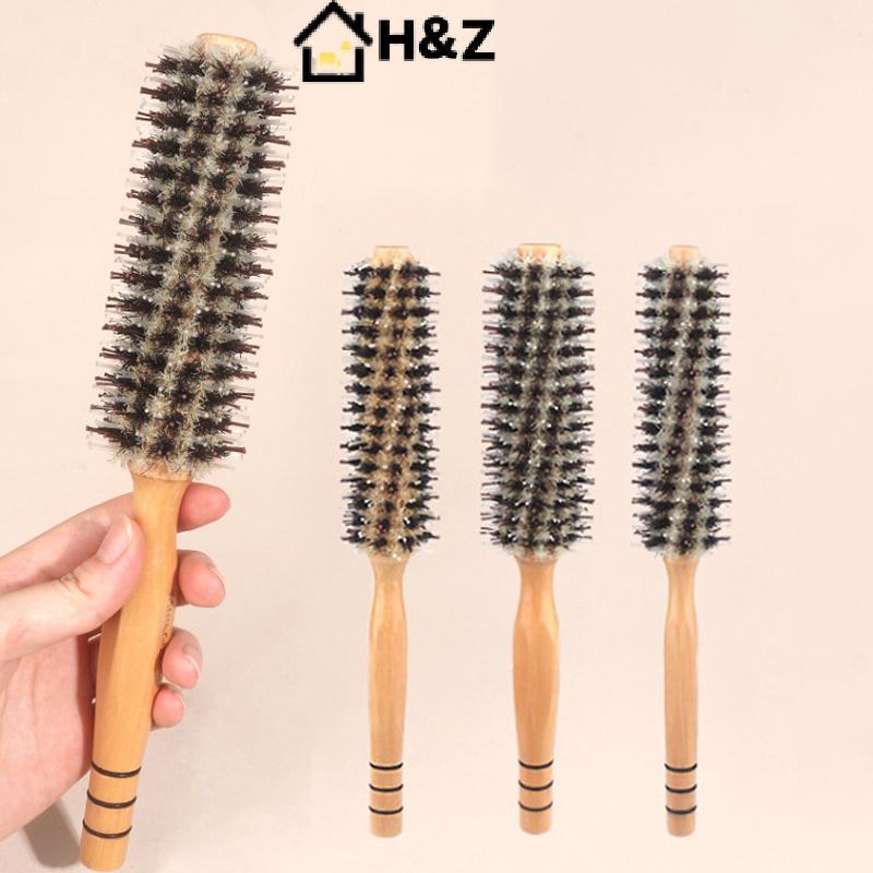 H & Z หมูป่าธรรมชาติ Bristle Roller แปรงตัดผมลูกกลิ้งผมไม้แปรงรอบ Barrel Hairb สําหรับผู้หญิงผมหยิก Hairdressing Nice