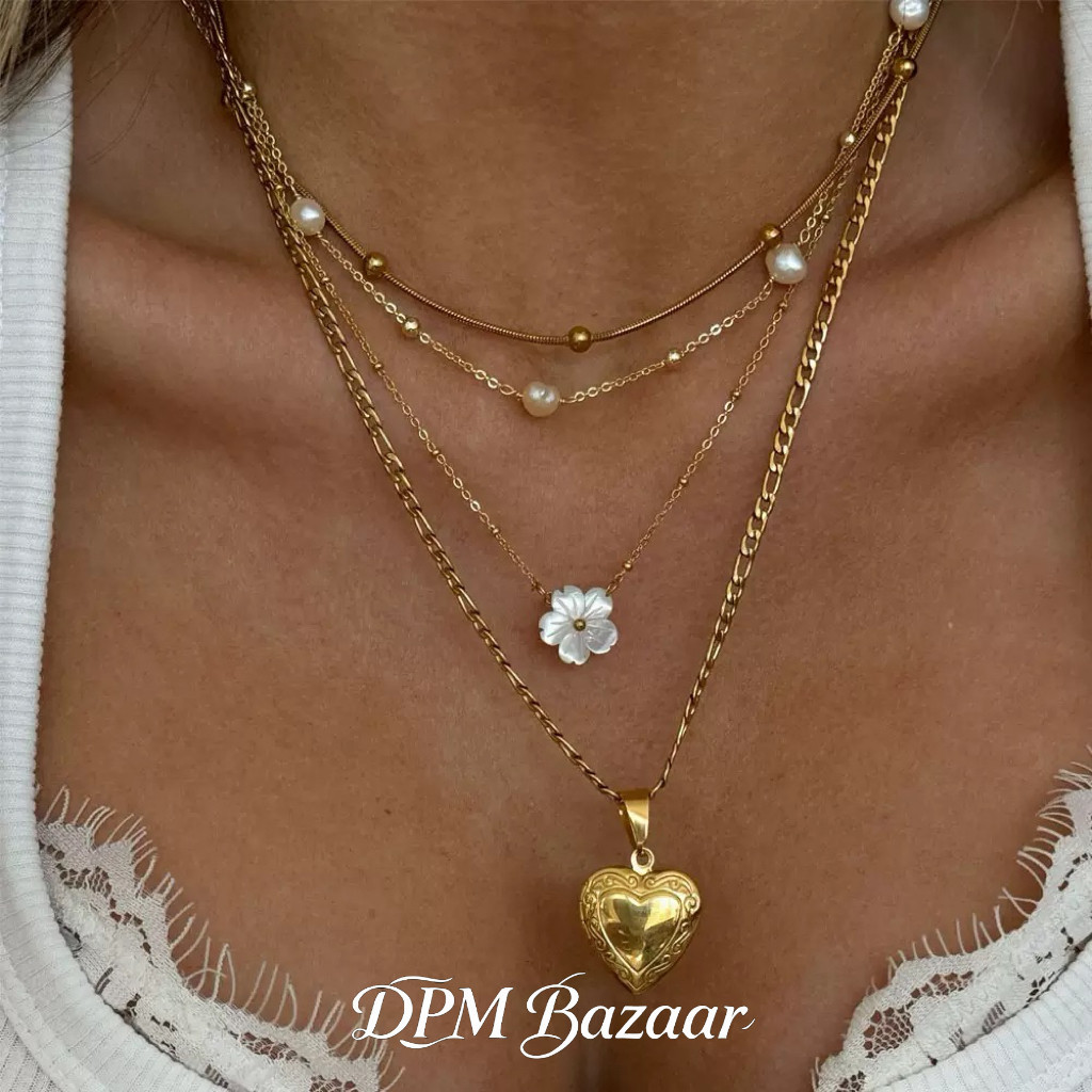 จี้สร้อยคอ สร้อยคอมุก DPM {ซากุระสีขาว} สร้อยคอหัวใจดอกไม้ฝรั่งเศสซ้อนหัวใจพีชโซ่กระดูกไหปลาร้าสร้อย