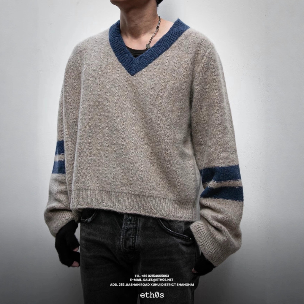 ERD Curled Edge Brushed Frayed Distressed ขนาดใหญ่ V คอถักเสื้อกันหนาวหลวมสไตล์สั้น