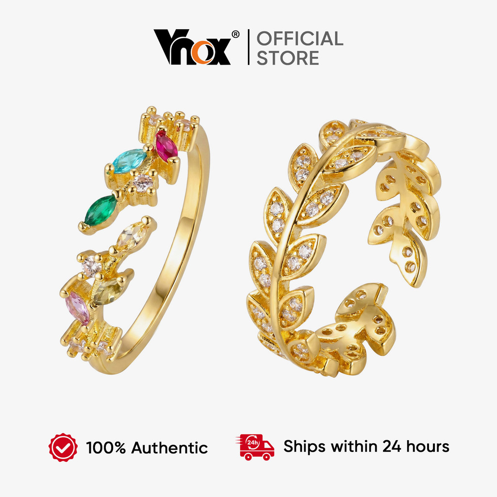 VNOX วีน็อกซ์ เปิดแหวนใบสําหรับผู้หญิง,แหวนข้าวสาลีชุบทองพลอยหลากสีแหวนนิ้วปรับได้ของขวัญแต่งงาน