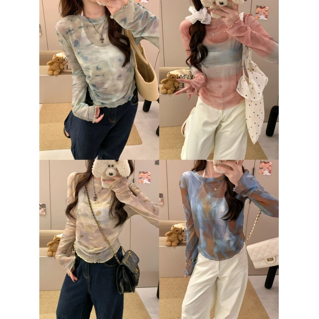 3619# เสื้อยืดแขนยาวลายมัดย้อม เสื้อกันแดดเนื้อบางสำหรับฤดูร้อน ทรงเข้ารูป