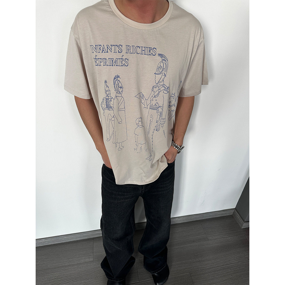 ERD CUOUT Melanchon Fu รุ่นที่สองอัศวินทหารพิมพ์ภาพรอบคอสบายๆหลวม Retro เสื้อยืดแขนสั้น