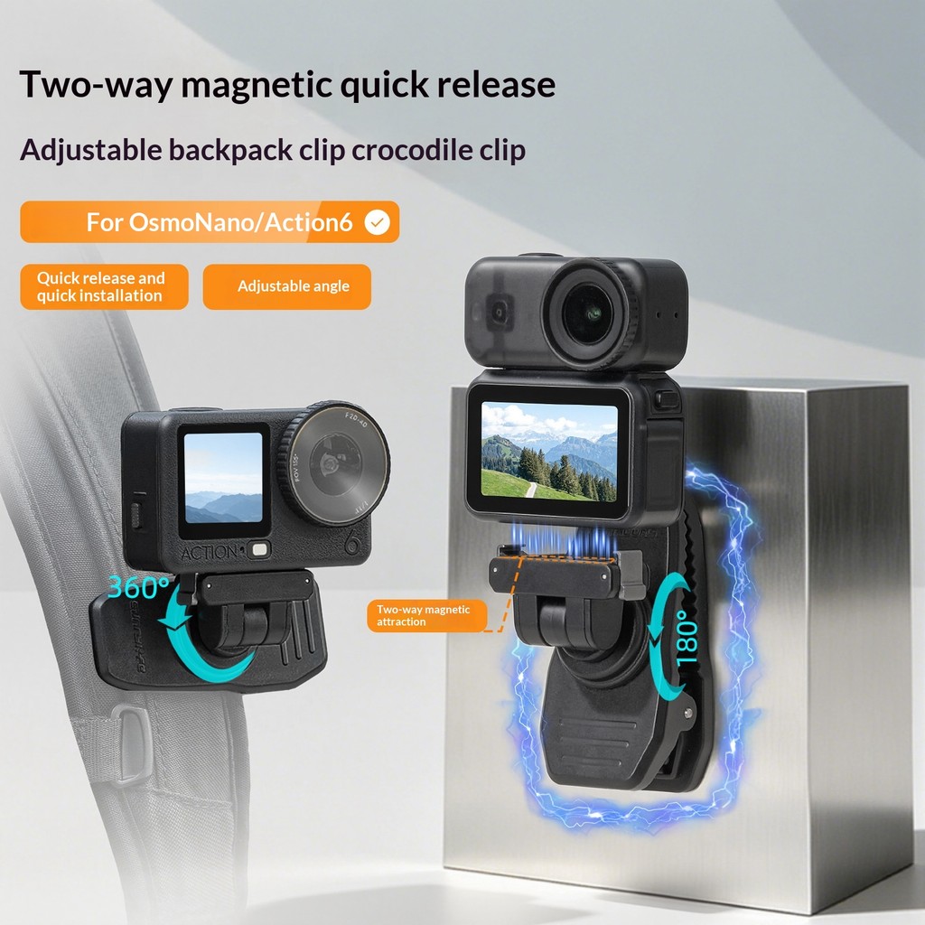 Sunnylife เหมาะสําหรับ DJI OSMO ACTION 6/NANO Magnetic Quick Release กระเป๋าเป้สะพายหลังคลิปจระเข้แบบปรับได้วงเล็บแม่เหล็ก