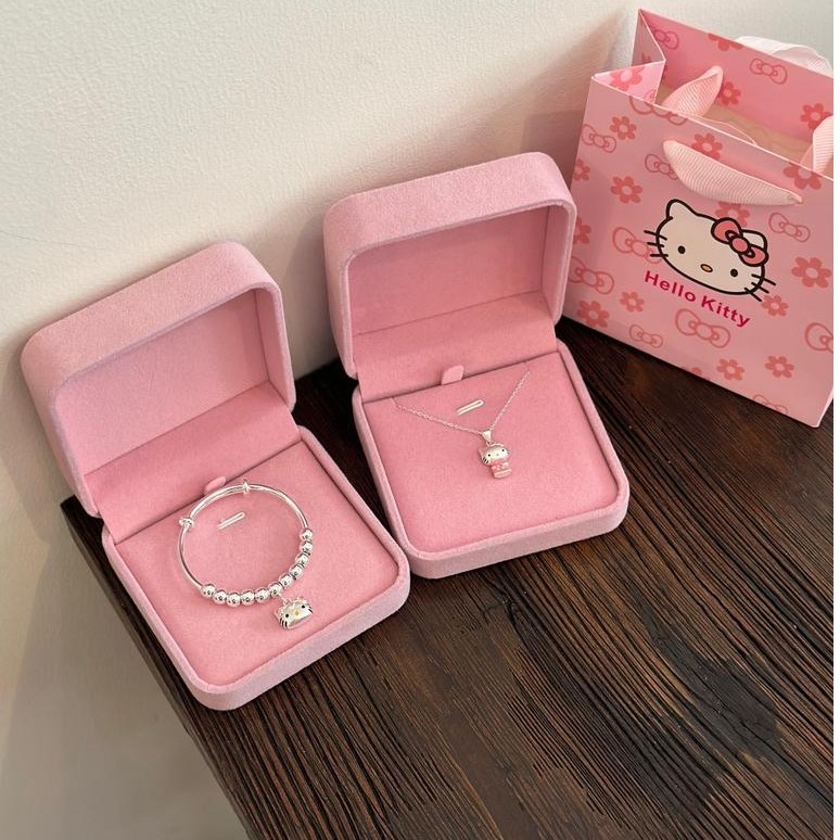 2026新款999纯银kt猫手镯女可爱卡通Kitty吊坠925银项链儿童大人生日礼物999 Sterling Silver Cat Bracelet Female Cute Cartoon202605