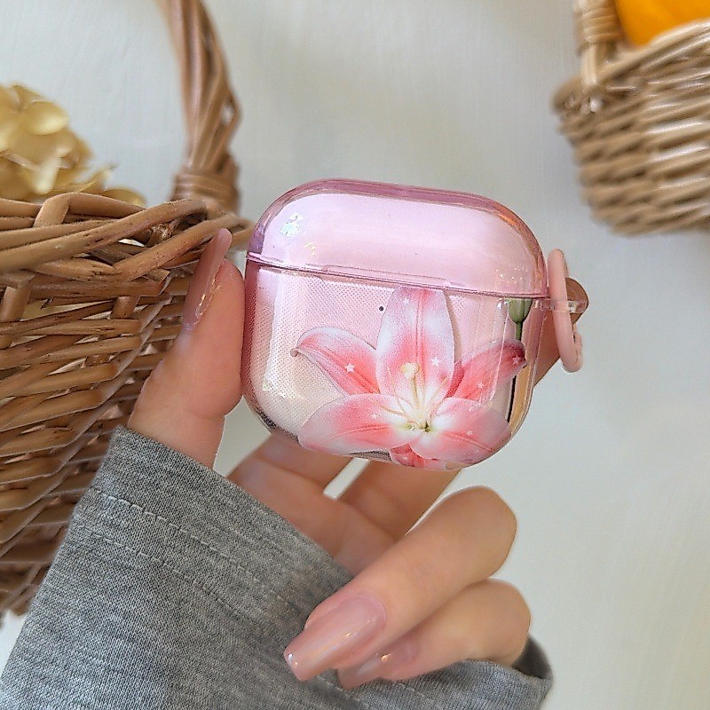 Ins โปร่งใส Pink Lily เหมาะสําหรับ Apple AirPods รุ่นที่ 4 เคสป้องกัน AirPods Pro3 เคสชุดหูฟังบลูทูธ AirPods Pro2nd Generation