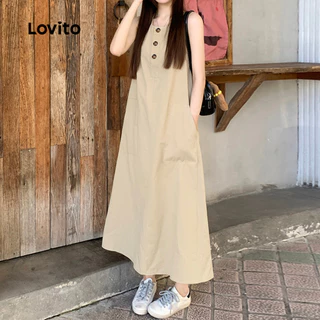 Lovito ชุดเดรสแฟชั่นแคชชวลแบบมีปุ่มสำหรับฤดูใบไม้ผลิ/ฤดูร้อน สีครีมอ่อน สำหรับผู้หญิง เกาหลี อินเทรนด์ L159AD070