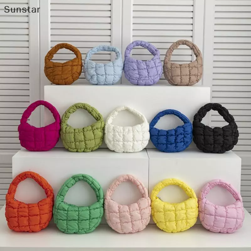Sunstar Fashion Mini Puffer Tote Bag Quilted Circle Phone Purse Elegant Purple Soft Nylon Cushion Key Pouch Simple Trend Handbag Nice