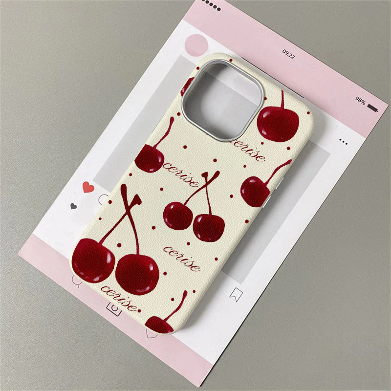 For iPhone เคสไอโฟน เชอร์รี่สีแดง งดงาม ง่าย และทันสมัย 11 17 12 13 สีดำ, ขอบสีขาว เคสไอโฟน 14 15 16 PLUS 16 PRO