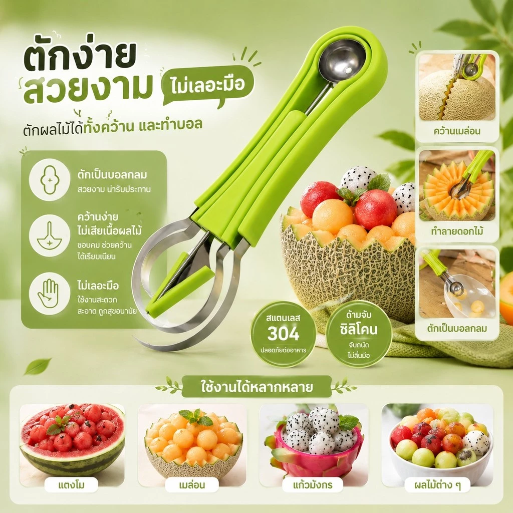 S00027 ช้อนผลไม้สี่ในหนึ่งเดียว รถขุดผลไม้ มีดแกะสลัก ที่ปอกผลไม้