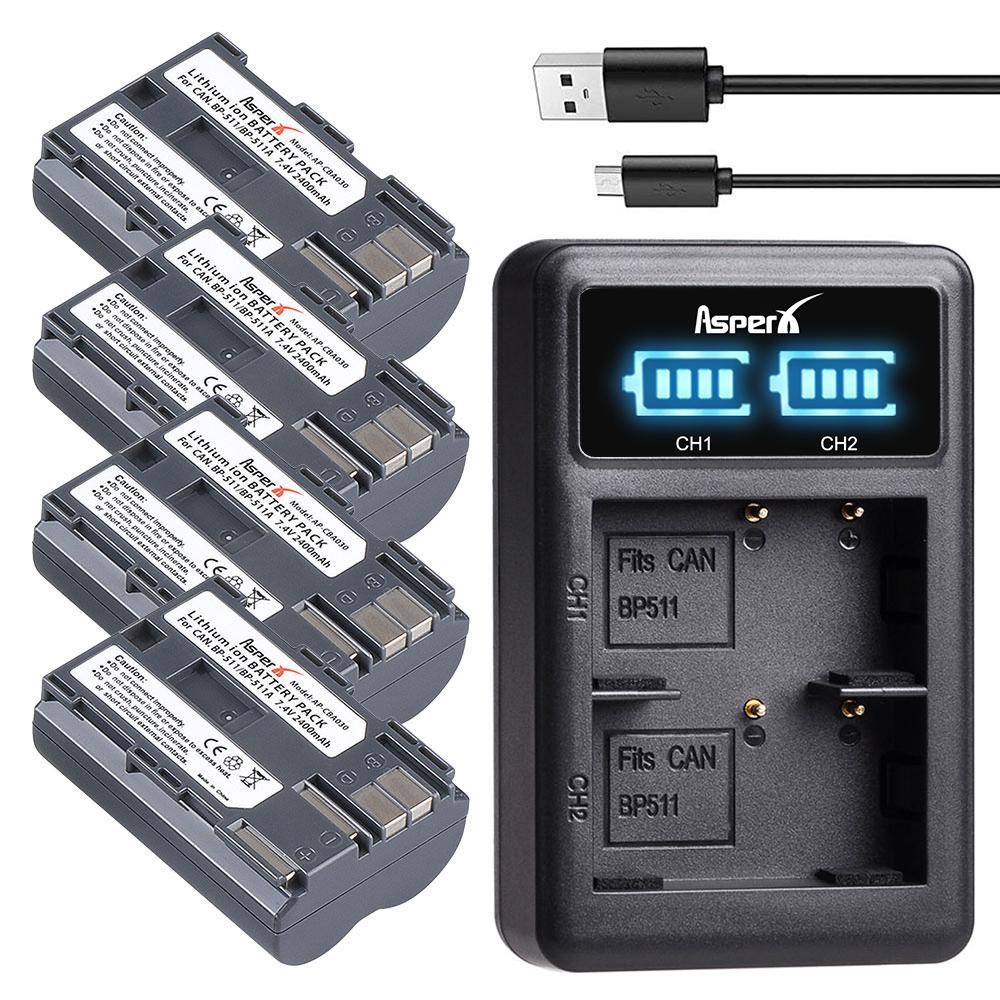 BP 511 BP-511 20D BP-511A Bateria แบตเตอรี่ LED Dual Charger สำหรับ Canon EOS 300D 50D G5 511A G1 5D