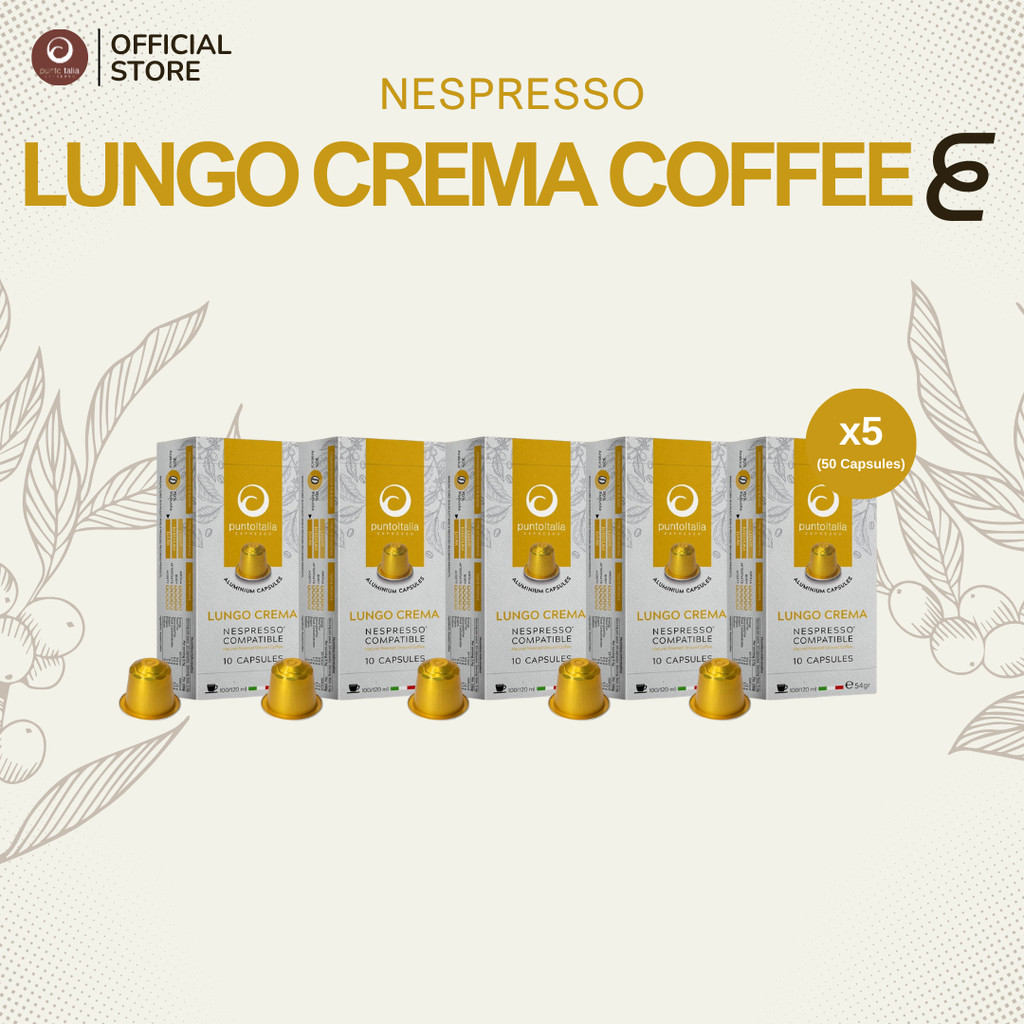 (เซ็ต 5 กล่อง x10 แคปซูล) กาแฟแคปซูล LUNGO CREMA สำหรับ Nespresso® (PUNTO ITALIA ESPRESSO BRAND)