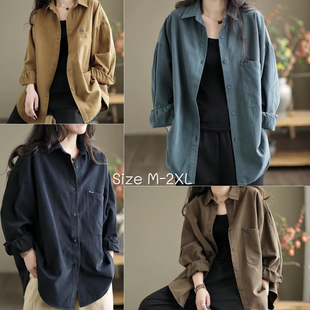 99469#เสื้อเชิ้ตลำลองผู้หญิง สไตล์เกาหลี ดีไซน์ใหม่สำหรับฤดูใบไม้ผลิ/ฤดูใบไม้ร่วง ทรงหลวม แขนยาว สีพื้น รุ่นใหม่ปี 2026