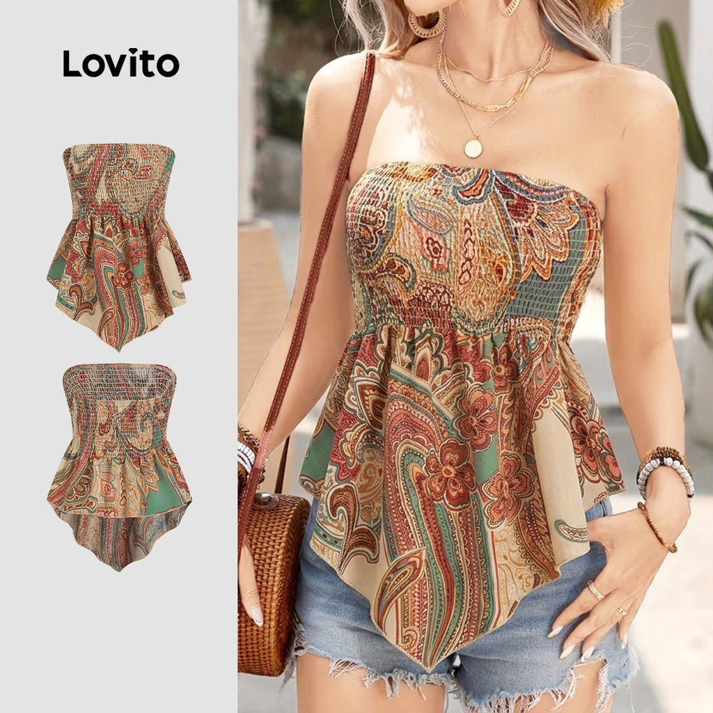 Lovito เสื้อลําลองผู้หญิงสไตล์รีสอร์ทฤดูร้อนฤดูใบไม้ผลิ LK4AD385