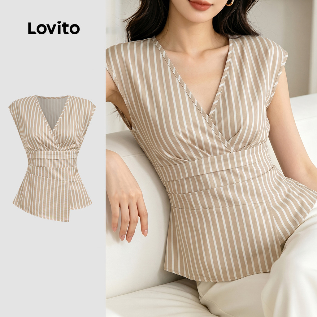 Lovito เสื้อเบลาส์ลําลองทรงเอสมิเมตริกจีบระบาย สําหรับผู้หญิง สี น้ําตาล เหมาะสําหรับฤดูใบไม้ผลิและฤ