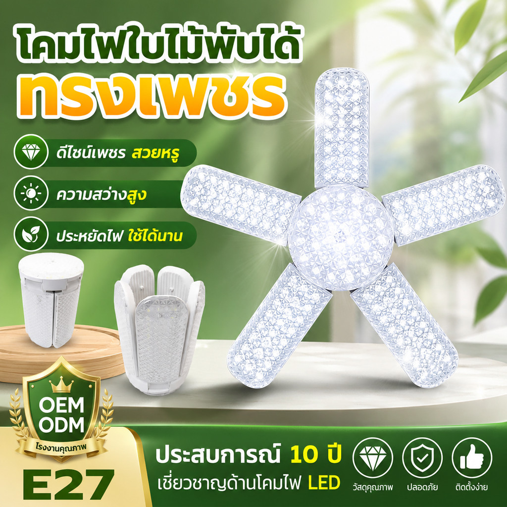 หลอดไฟ LED 5+1 หลอดไฟใบพัด 155W มอก. แท้ หลอดไฟเพชร พับเก็บได้ สว่างมาก ประหยัดไฟ หลอดไฟพับ ซุปเปอร์สว่าง