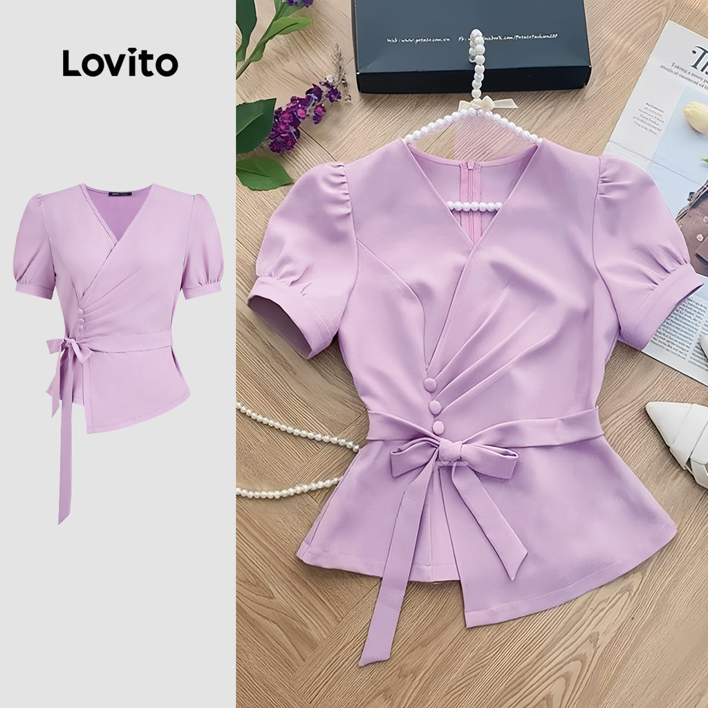 Lovito เสื้อเบลาส์ลายทางติดกระดุมด้านข้างดีไซน์เรียบหรู สีฟ้ากรมท่า สําหรับผู้หญิง ฤดูใบไม้ผลิ/ฤดูร้อน L184ED870