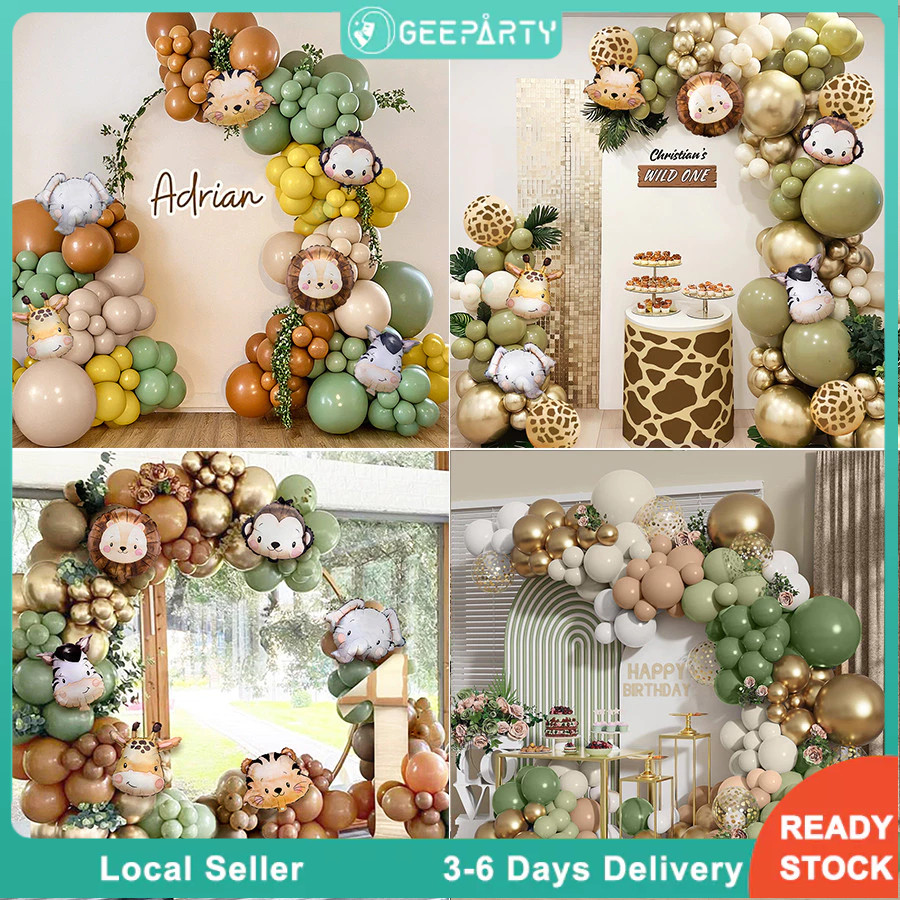 GeeParty ชุดลูกโป่งสีเขียว พร้อมลูกโป่งฟอยล์สัตว์ป่า ตกแต่งปาร์ตี้วันเกิด ธีมซาฟารี