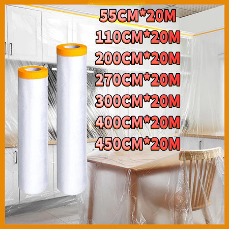 20M x 55-450 ซม.พลาสติกเฟอร์นิเจอร์ฝุ่น,กระดาษกาวครอบคลุมฟิล์มสําหรับการปรับปรุงรถยนต์และสี