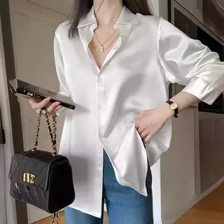 (D-018) Satin Shirt เสื้อเชิ้ต ผ้าซาติน แฟชั่น ผู้หญิง แขนยาว ทรงสวย เรียบหรู ใส่ทำงาน เที่ยว คาเฟ่ Fashion