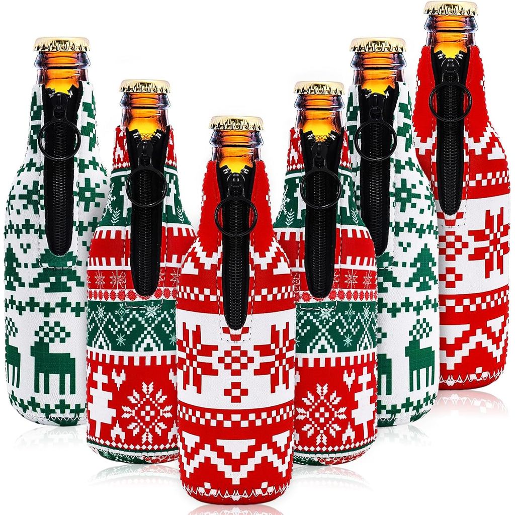 Whaline 6 ชิ้นคริสต์มาสขวดเบียร์ Coolers เสื้อกันหนาวน่าเกลียด Neoprene แขนสีแดงสีเขียว Thermocooler