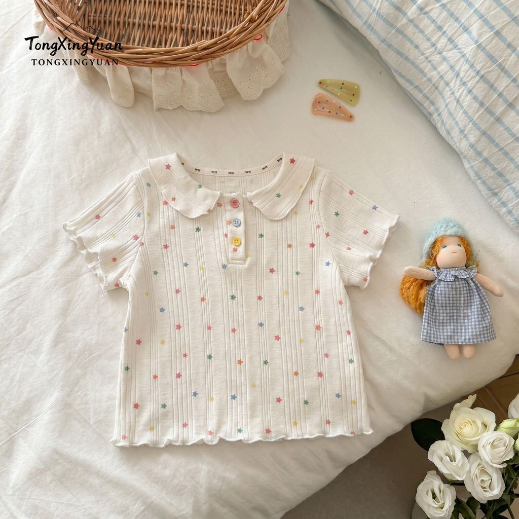 สาวฤดูร้อนสไตล์ใหม่สบายระบายอากาศที่มีสีสันดาวพิมพ์แขนสั้นเสื้อโปโลสาวปกปุ่มที่มีสีสันเต็มแขนสั้น ที @
