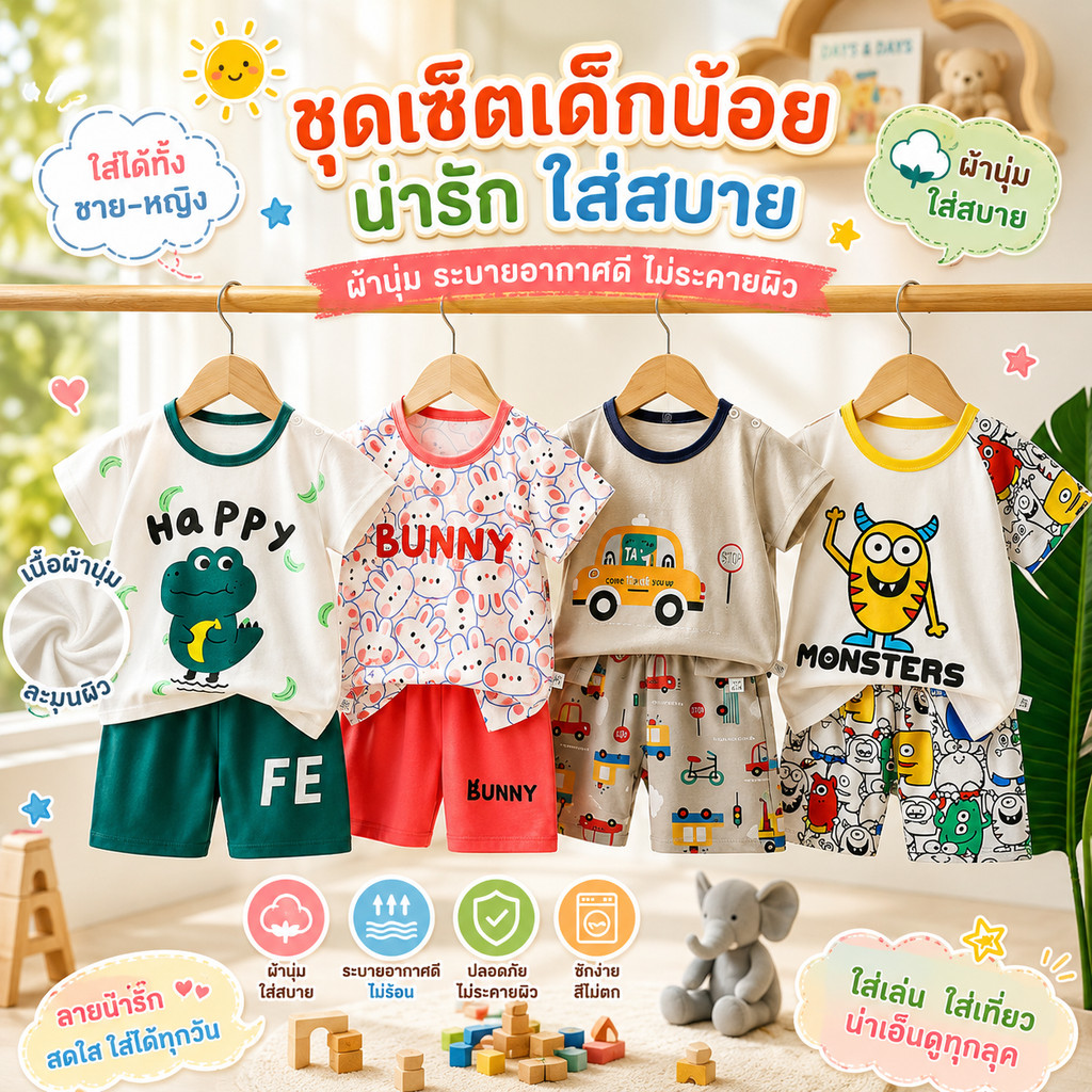 [ชุดเซ็ทเด็ก] เสื้อแขนสั้น+กางเกงขาสั้น Size73-130 1เดือน-7ปี ลายน่ารัก ผ้าcotton100%