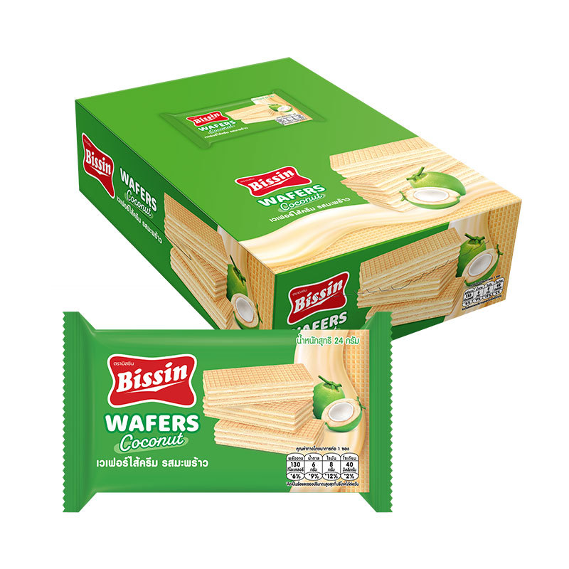 บิสชิน เวเฟอร์ไส้ครีม รสมะพร้าว 24 ก. x 12 (BISSIN Wafer Coconut Flavor 24 g x 12) โปโลแมน POLOMAN