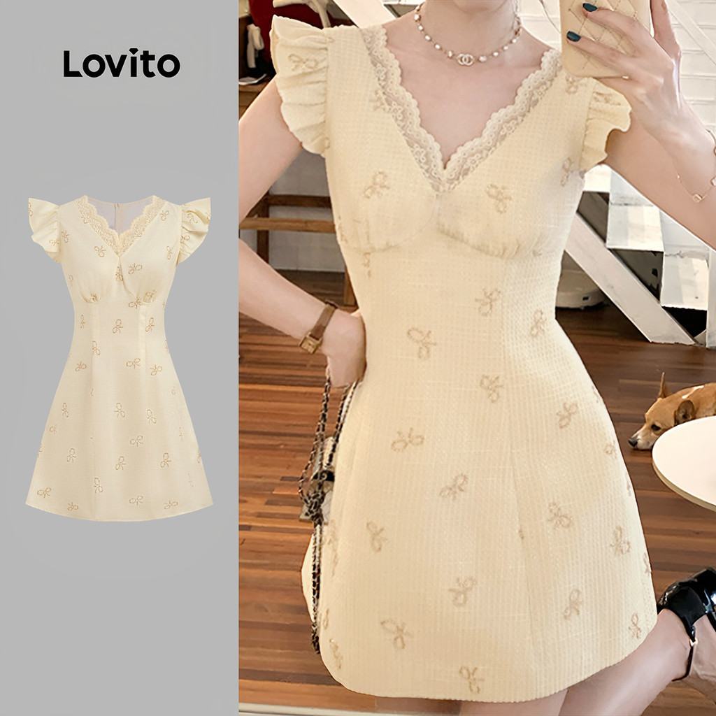 Lovito เดรสลูกไม้สีเหลืองน่ารักพร้อมดีไซน์ระบายสําหรับผู้หญิงในฤดูใบไม้ผลิ/ฤดูร้อน L191AD012