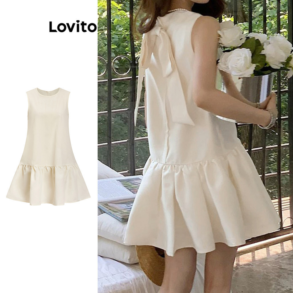 Lovito Casual ชุดเดรส ลำลอง ผูกโบว์หลัง ระบาย สำหรับผู้หญิง L109MD174