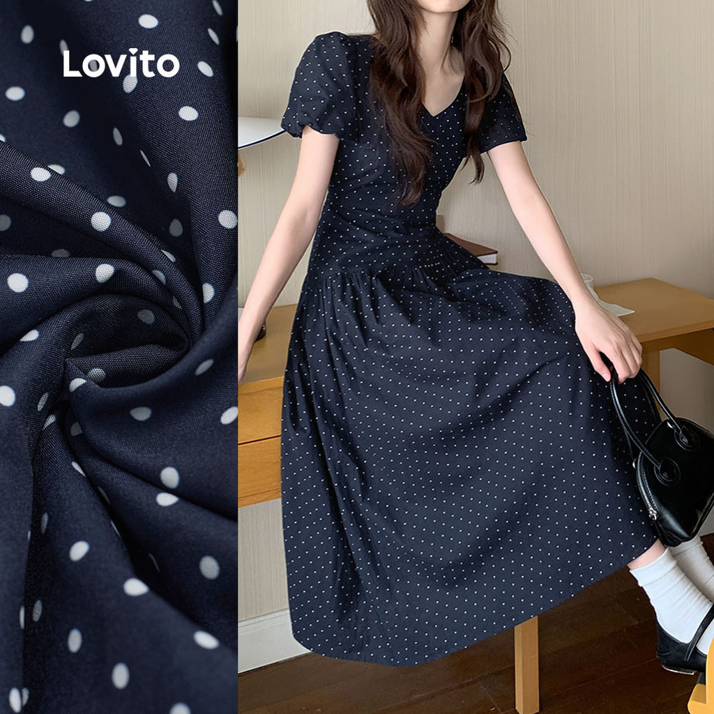 Lovito เดรสลำลองลายจุด สีน้ำเงินเข้ม สำหรับผู้หญิง เหมาะสำหรับใส่ทำงานหรือไปเที่ยวในช่วงฤดูใบไม้ผลิ/ฤดูร้อน L156AD210