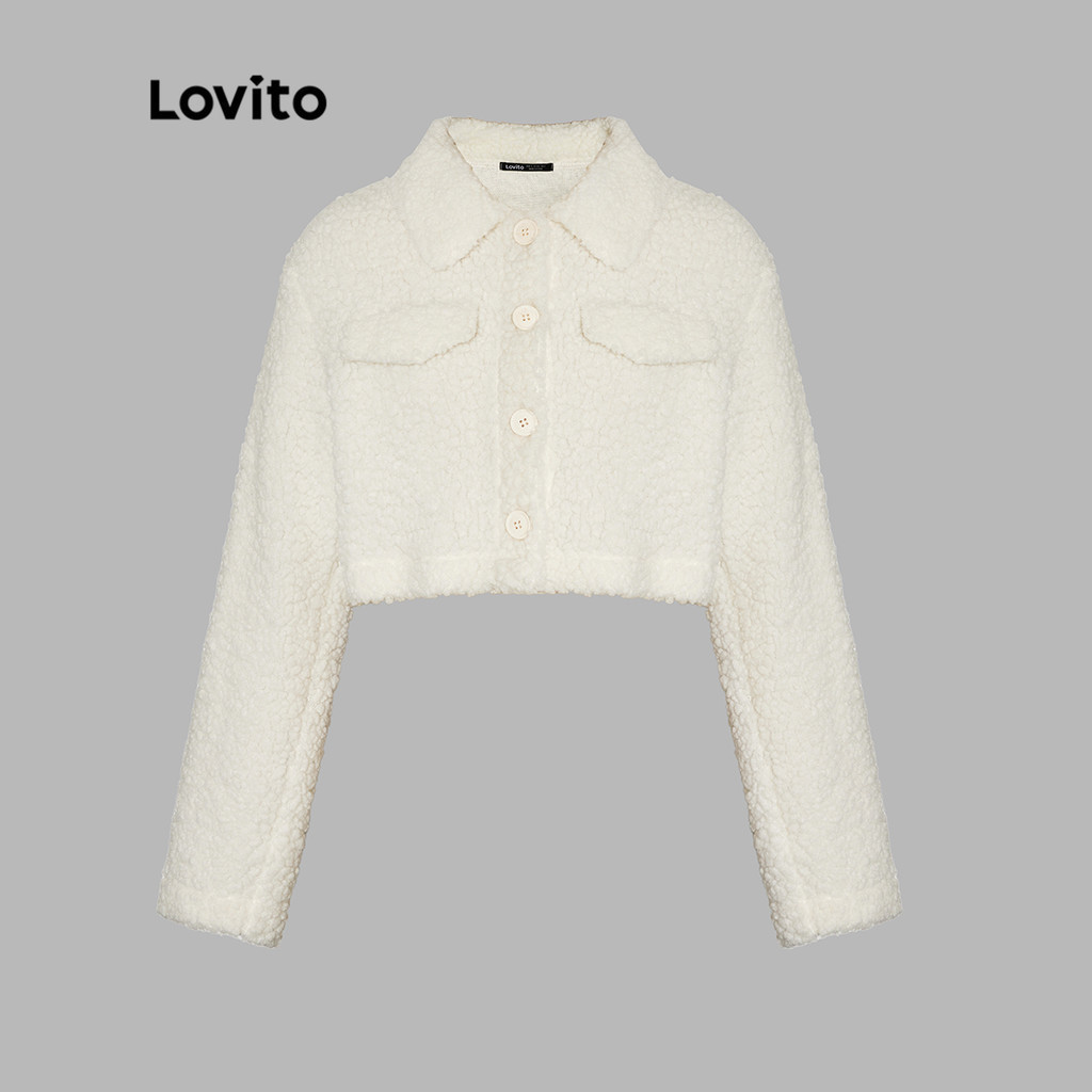 Lovito แจ็คเก็ตลําลองปุ่มธรรมดาด้านหน้าพนังเท็ดดี้แจ็คเก็ตสําหรับผู้หญิง L39AD009 (ออฟไวท์)