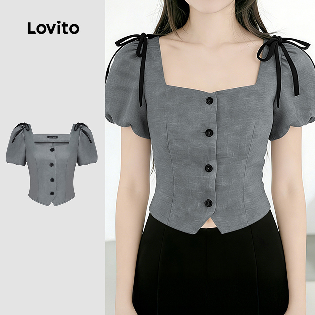 Lovito เสื้อเบลาส์ลําลอง ผูกเชือก สไตล์เรียบง่ายสําหรับฤดูใบไม้ผลิ/ฤดูร้อน สีเทา สําหรับผู้หญิง LK4AD116