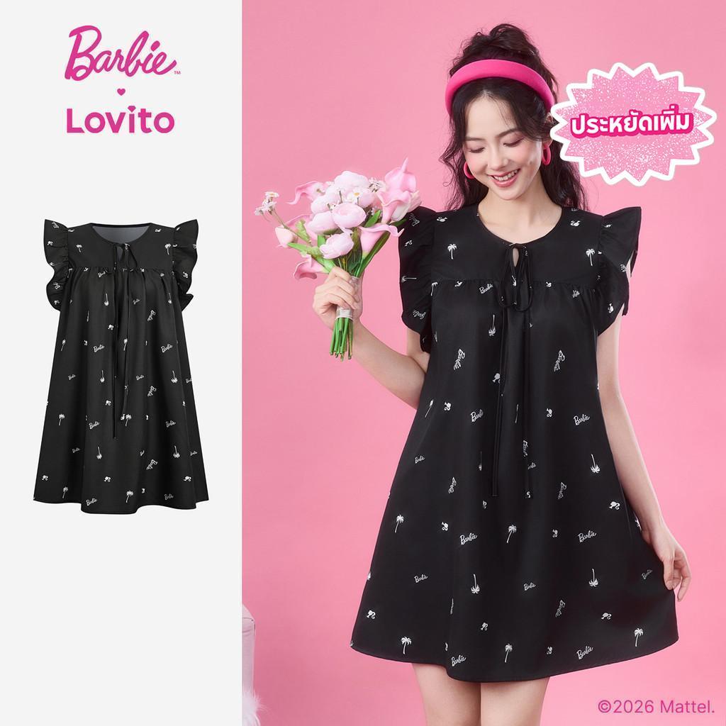 [Summer Sale] Barbie™ X Lovito ชุดเดรสลําลอง สีดํา สําหรับฤดูใบไม้ผลิ/ฤดูร้อน สําหรับผู้หญิง LB1AD040
