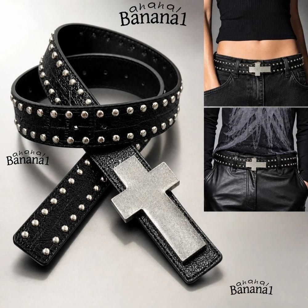 BANANA1Z4 Rivet Studded เข็มขัด, Y2K Retro Punk Cross เข็มขัด, บุคลิกภาพ PU หนัง Hip Hop Gothic Streetwear เข็มขัดเอวสําหรับผู้ชายผู้หญิงกางเกงยีนส์