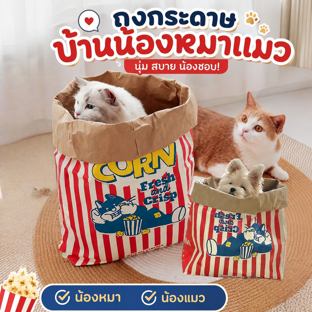 ถุงของเล่นแมวกระดาษคราฟท์ ถุงแมวมุด อุโมงค์แมว ฝึกแมว ของเล่นแมว ทนต่อการฉีกขาด แมวและสุนัข
