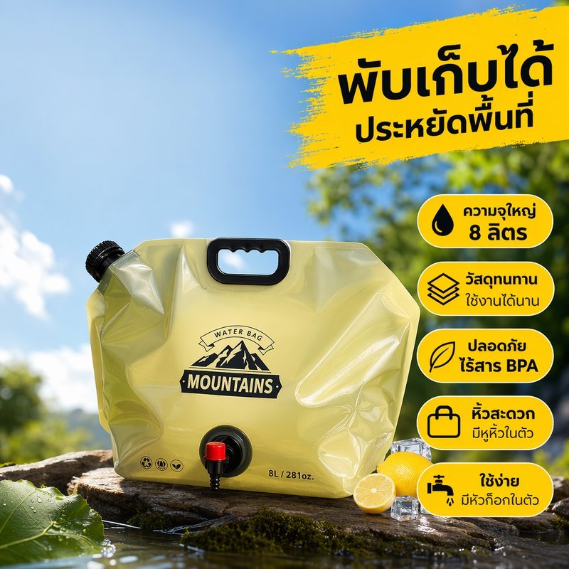 ถุงน้ำพับได้ 8ลิตร ถุงเก็บน้ำ มีก๊อกน้ำ กันรั่ว PET PE พกพา แคมป์ปิ้ง เดินป่า ปิกนิก อเนกประสงค์