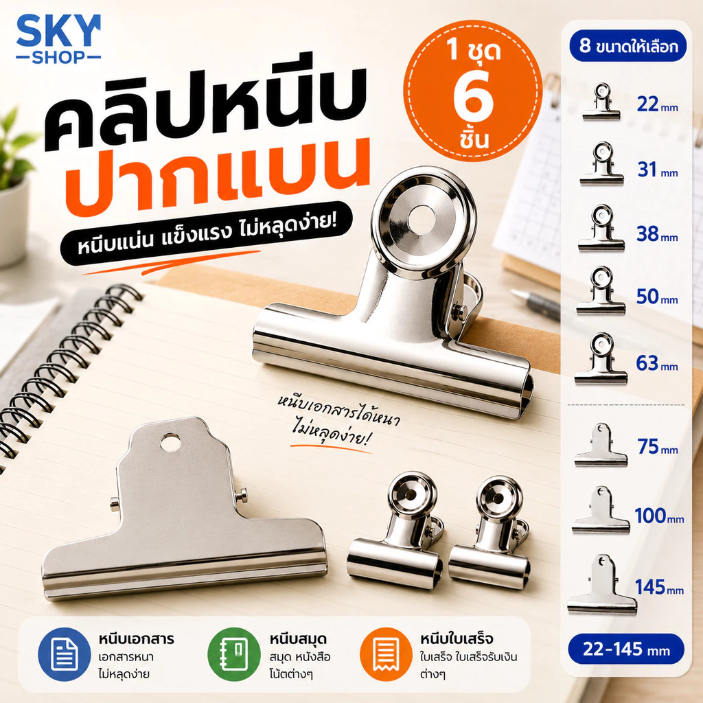 SKY คลิปหนีบกระดาษ ปากแบน 1ชุด 6ชิ้น คลิปหนีบเอกสาร เหล็กชุบนิกเกิล แข็งแรง หนีบกระดาษ หนีบเอกสาร Paper Clip