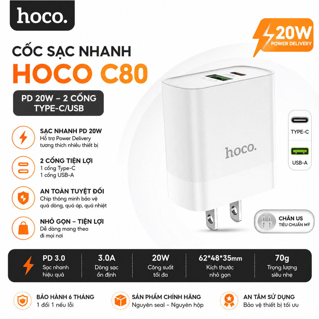 Hoco C80 20W fast charger รวม 2 พอร์ต (C - USB) สําหรับทุกอุปกรณ์ วัสดุ PC ทนไฟ ปลั๊กแบน