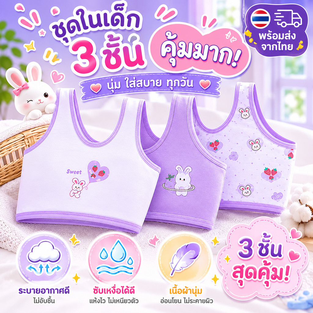 เสื้อกล้ามบราเด็กสาว ผ้านุ่มพิเศษ ไม่กดทับ ไร้เหล็ก ใส่สบาย ระบายอากาศดี สำหรับวัย 6-15 ปี