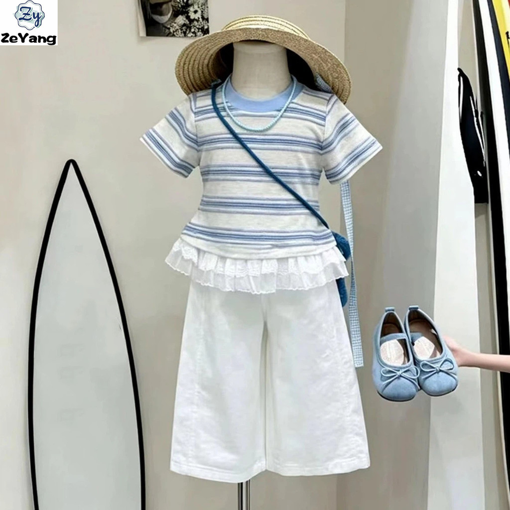 [ซี่] 80-140พร้อมสต็อกเด็กผ้าฝ้ายแท้แขนสั้นเสื้อยืดลายชุดลําลองหญิงทารกลูกไม้ด้านบนข้อเท้ายาวกางเกงแฟชั่นเสื้อผ้าเด็กจัดส่งที่รวดเ