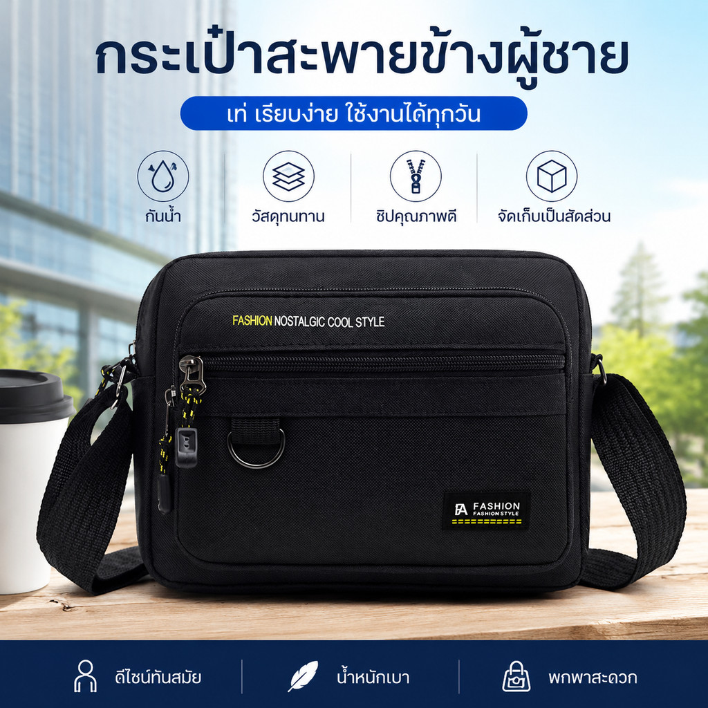 【เงินปลายทาง】กระเป๋าสะพายข้างผู้ชายทรงสี่เหลี่ยมแนวนอน เรียบง่ายหรู เหมาะทำงานธุรกิจ