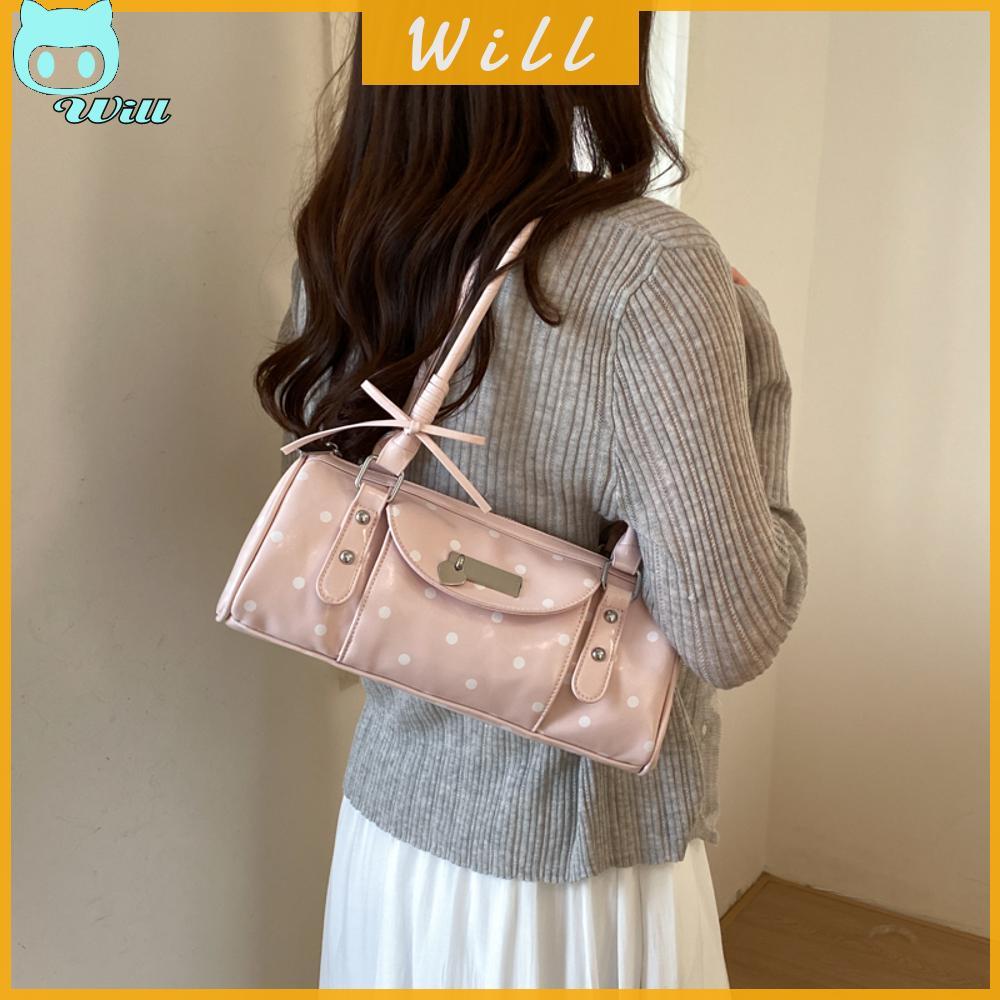 Polka Dot Top Handle Bag หนัง PU Y2k กระเป๋าถือทุกวัน Y2K Tote Bag สําหรับผู้หญิงใช้และการเดินทางทุก