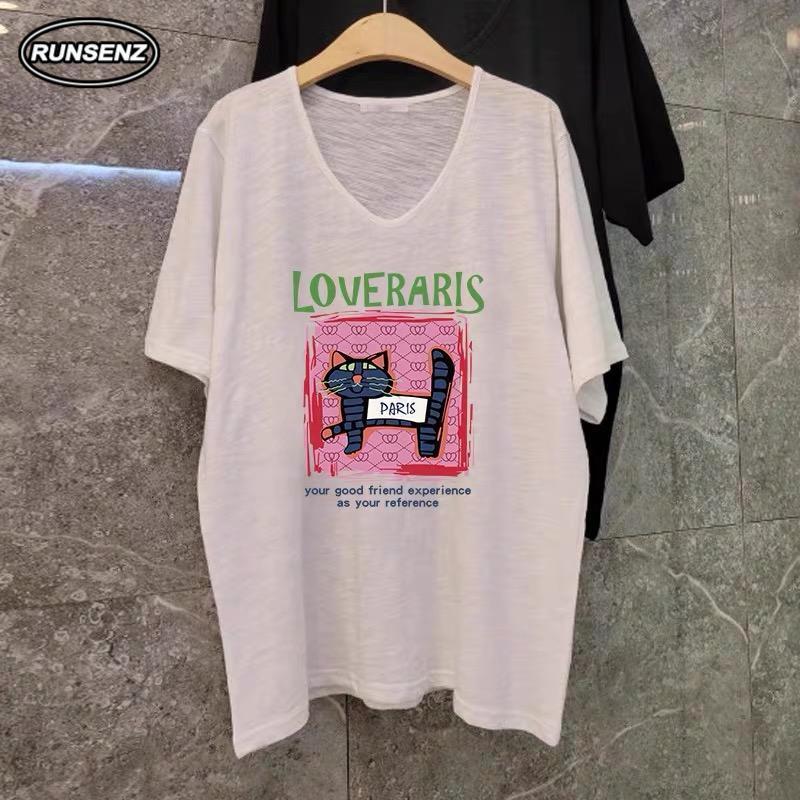 M-4XL เกาหลี V คอการ์ตูนแมวพิมพ์เสื้อยืดผู้หญิง Plus ขนาดธรรมดาหลวมด้านบน