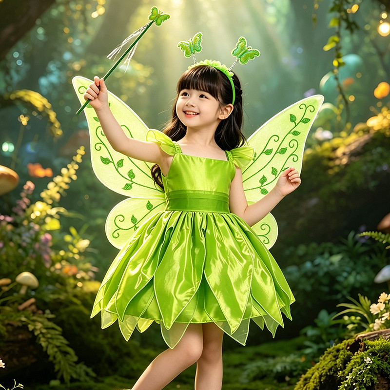 Tinker Bell เครื่องแต่งกายสําหรับสาว Little Elf ชุดเจ้าหญิงดอกไม้สีเขียว Fairy ชุดเด็กประสิทธิภาพ 2-10Y