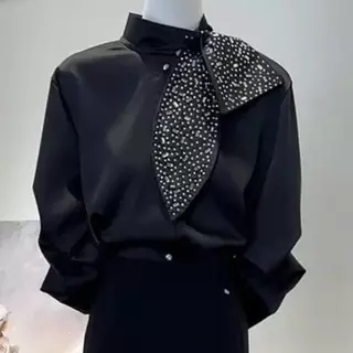mimi-เสื้อเชิ้ตผ้าซาติน ดีไซน์ผูกโบว์ แขนยาว ไซส์ใหญ่ หรูหราและดูดีมีระดับประดับเพชรเทียมแบบงานประณีต ใส่ทำงานได้#99432