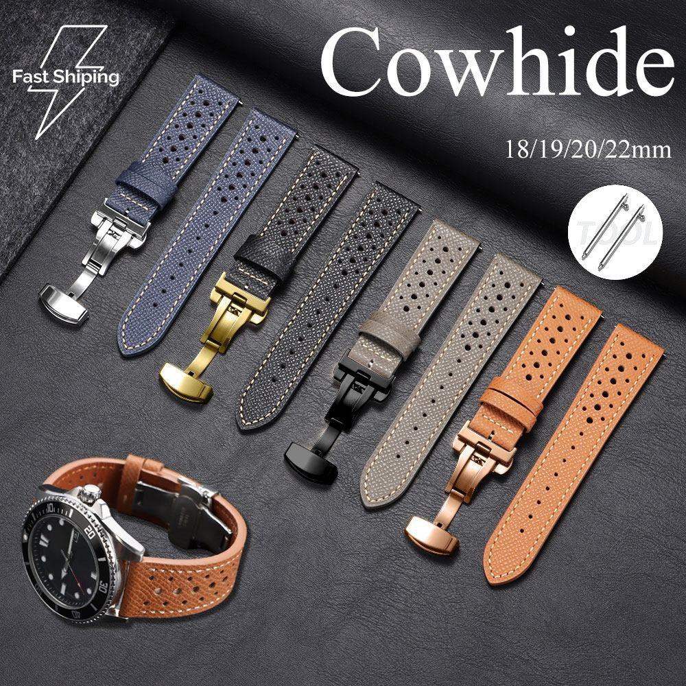 หัวเข็มขัดผีเสื้อ Cowhide สายนาฬิกาอัจฉริยะ 18/19/20/22 มม.Breathable Cross Grain หนังแท้ธุรกิจนาฬิกา Vintage สําหรับผู้ชายผู้หญิง